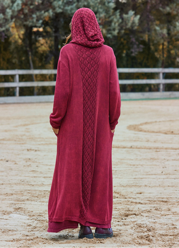 Hooded Button Detailed Burgundy Bohemian Cardigan with Pockets 4757