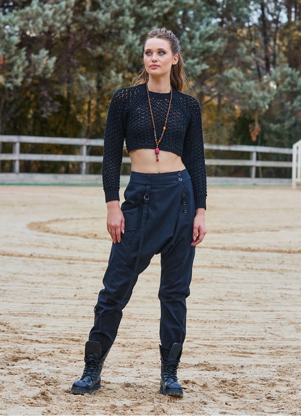 Black Bohemian Shalwar with Elastic Waistband and Rope Detail and Buttons 4555