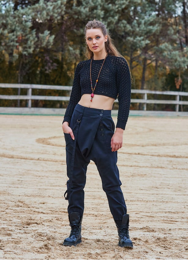 Black Bohemian Shalwar with Elastic Waistband and Rope Detail and Buttons 4555