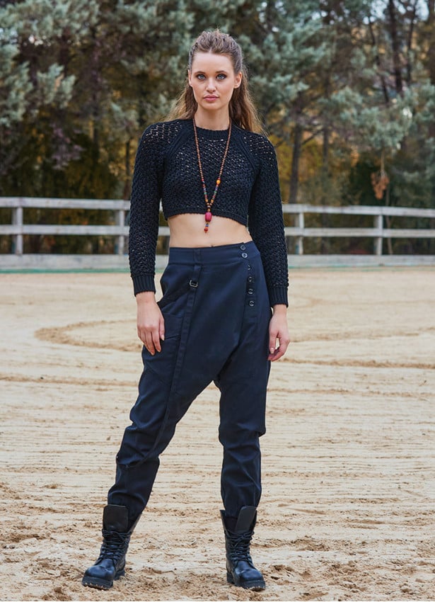 Black Bohemian Shalwar with Elastic Waistband and Rope Detail and Buttons 4555