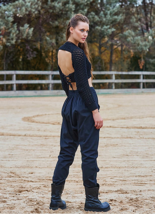 Black Bohemian Shalwar with Elastic Waistband and Rope Detail and Buttons 4555