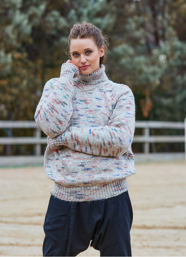 Turtleneck Knitted Loose Cut Stone Color Womens Sweater 4762