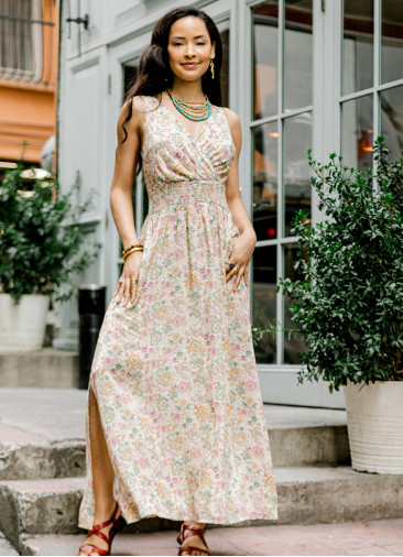 Double Breasted Collar Long Beige Dress with Slit from the Yoke 4561
