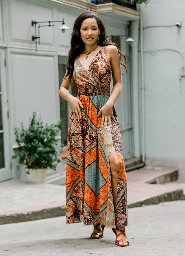 V Neck Robe Coffee Patterned Long Dress 4558