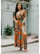 V Neck Robe Coffee Patterned Long Dress 4558