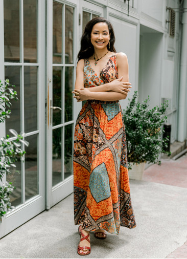 V Neck Robe Coffee Patterned Long Dress 4558
