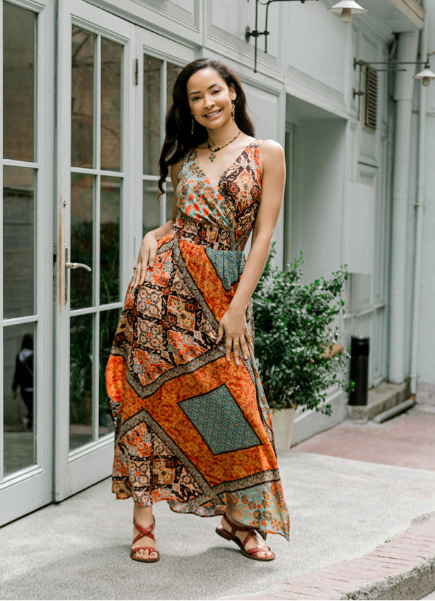 V Neck Robe Coffee Patterned Long Dress 4558