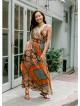 V Neck Robe Coffee Patterned Long Dress 4558