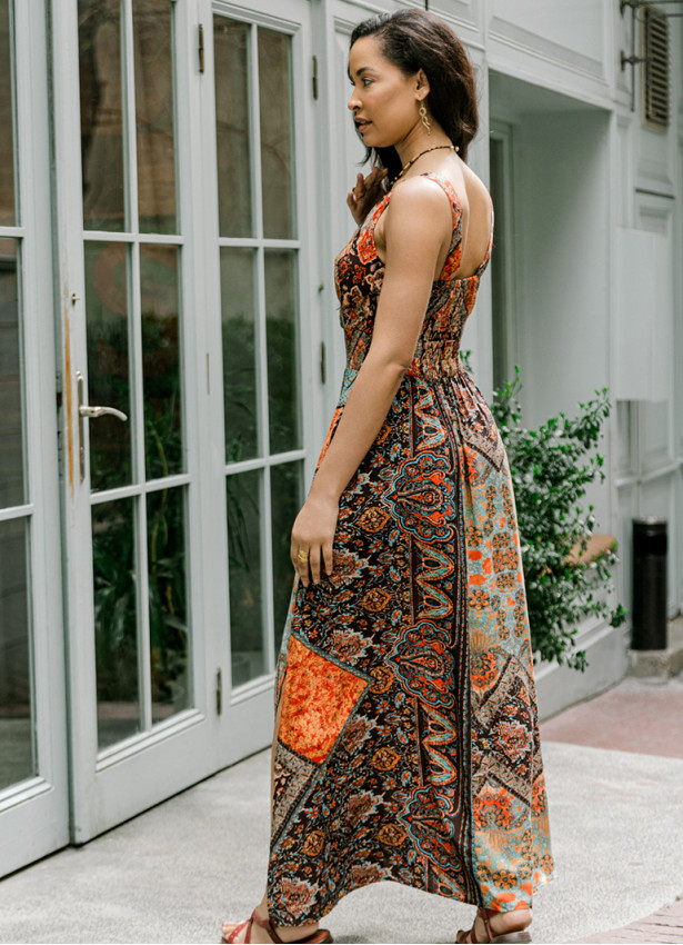 V Neck Robe Coffee Patterned Long Dress 4558