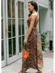 V Neck Robe Coffee Patterned Long Dress 4558