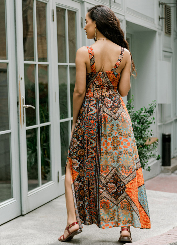 V Neck Robe Coffee Patterned Long Dress 4558
