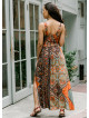 V Neck Robe Coffee Patterned Long Dress 4558