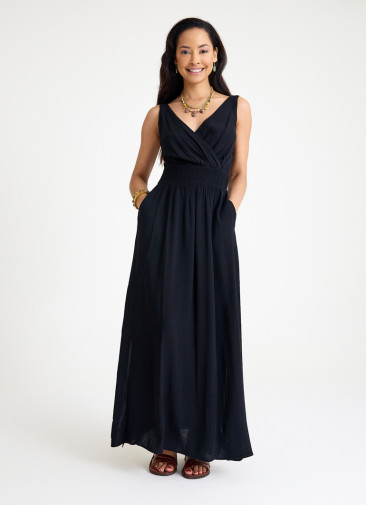 V Neck Double Breasted Black Long Dress 4560