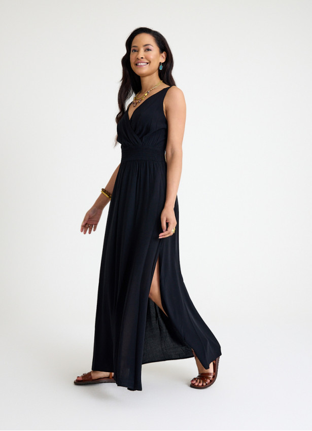 V Neck Double Breasted Black Long Dress 4560