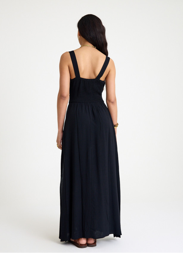V Neck Double Breasted Black Long Dress 4560