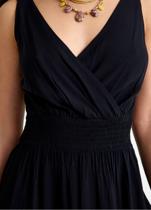 V Neck Double Breasted Black Long Dress 4560