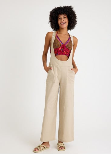 Zipper Detailed Pocket Cream Womens Summer Jumpsuit 4681