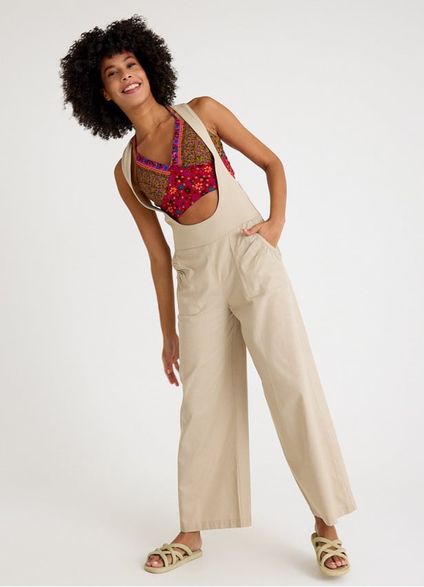 Zipper Detailed Pocket Cream Womens Summer Jumpsuit 4681