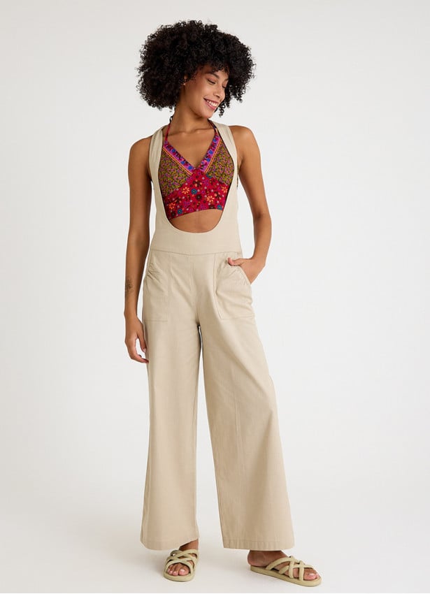 Zipper Detailed Pocket Cream Womens Summer Jumpsuit 4681