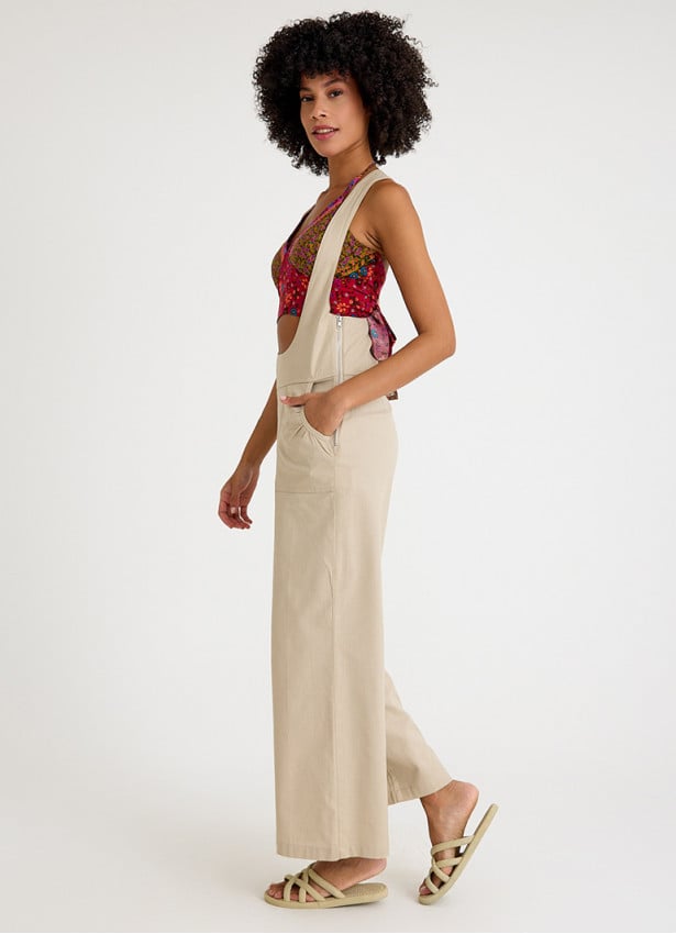 Zipper Detailed Pocket Cream Womens Summer Jumpsuit 4681