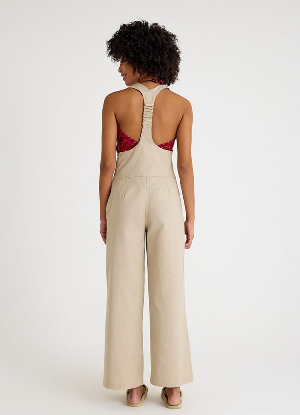 Zipper Detailed Pocket Cream Womens Summer Jumpsuit 4681