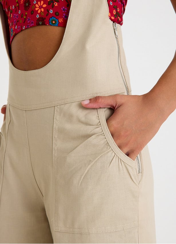 Zipper Detailed Pocket Cream Womens Summer Jumpsuit 4681