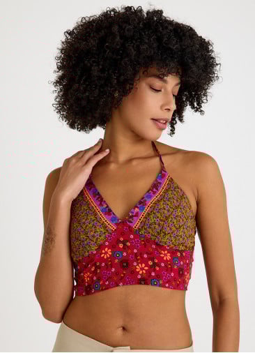 Halter Neck Backless Red Floral Blouse 4683