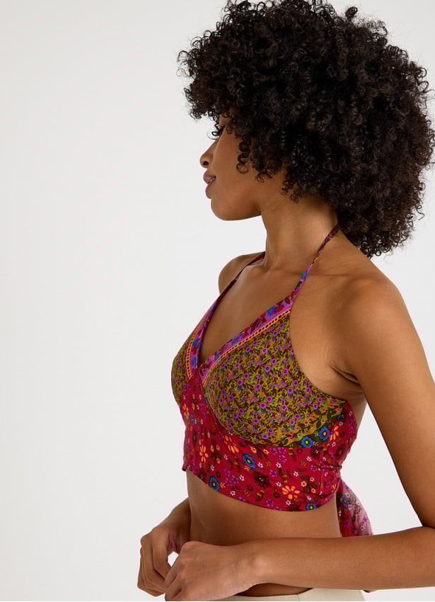 Halter Neck Backless Red Floral Blouse 4683