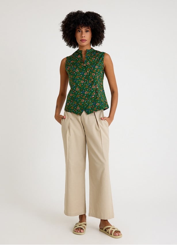 Green Floral Blouse with Cross Collar and Buttons 4679