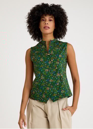 Green Floral Blouse with Cross Collar and Buttons 4679