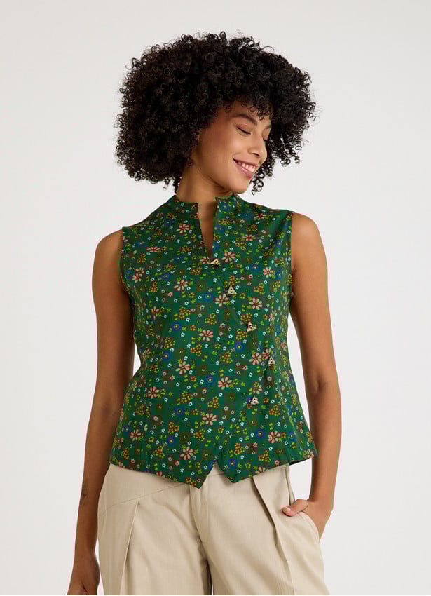 Green Floral Blouse with Cross Collar and Buttons 4679