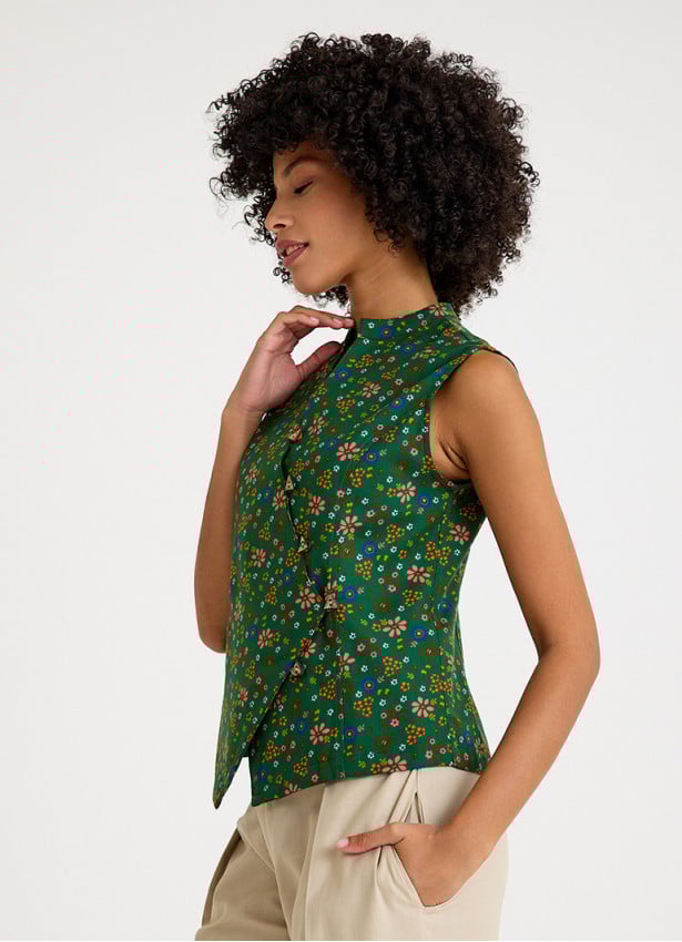 Green Floral Blouse with Cross Collar and Buttons 4679