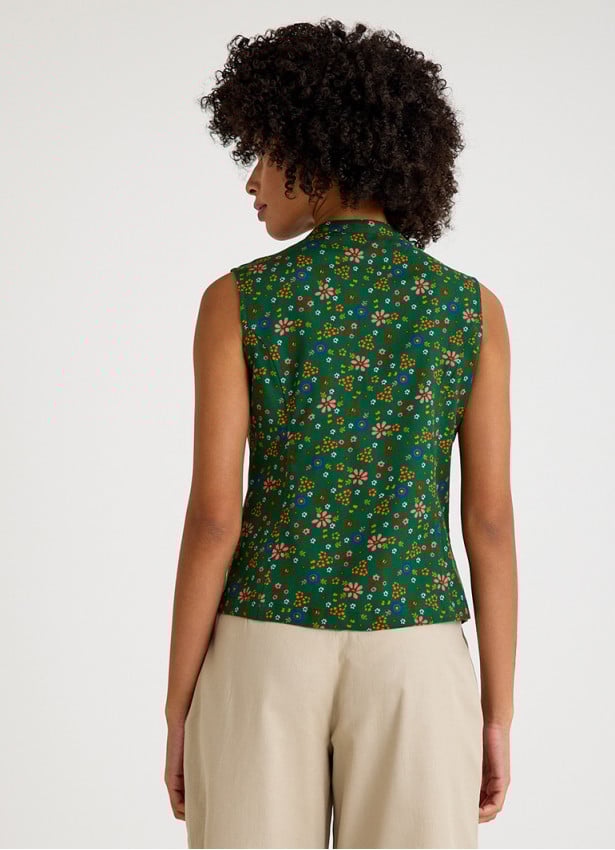 Green Floral Blouse with Cross Collar and Buttons 4679