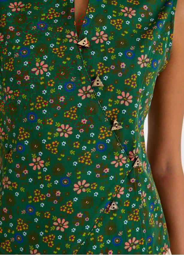 Green Floral Blouse with Cross Collar and Buttons 4679