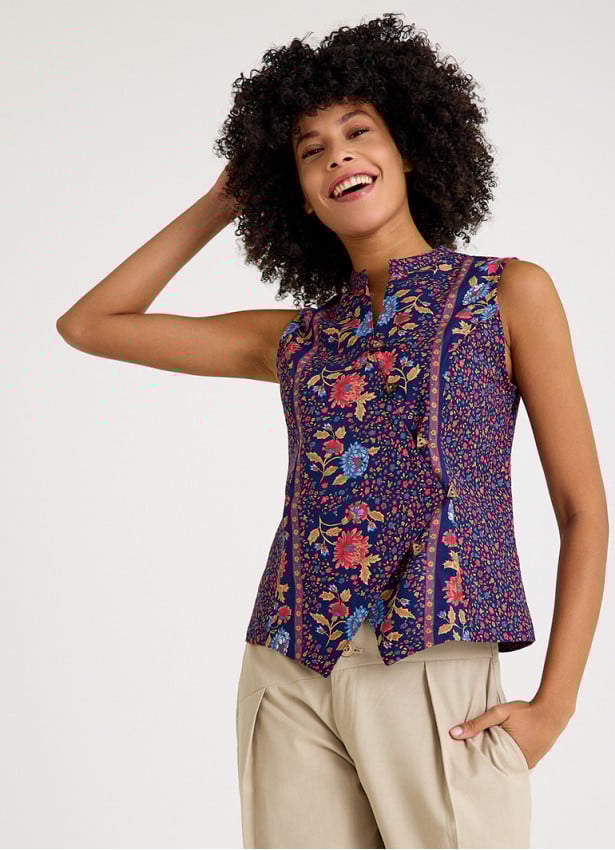 V Neck Cross Button Pink Floral Blouse 4680
