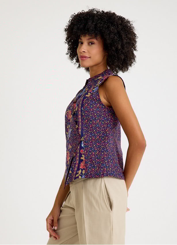 V Neck Cross Button Pink Floral Blouse 4680