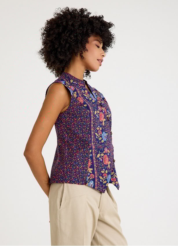 V Neck Cross Button Pink Floral Blouse 4680
