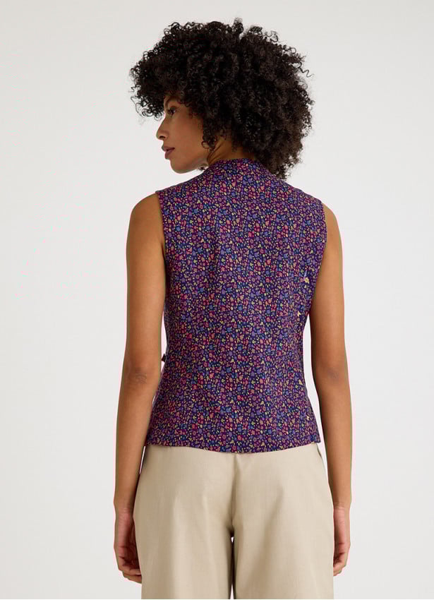 V Neck Cross Button Pink Floral Blouse 4680