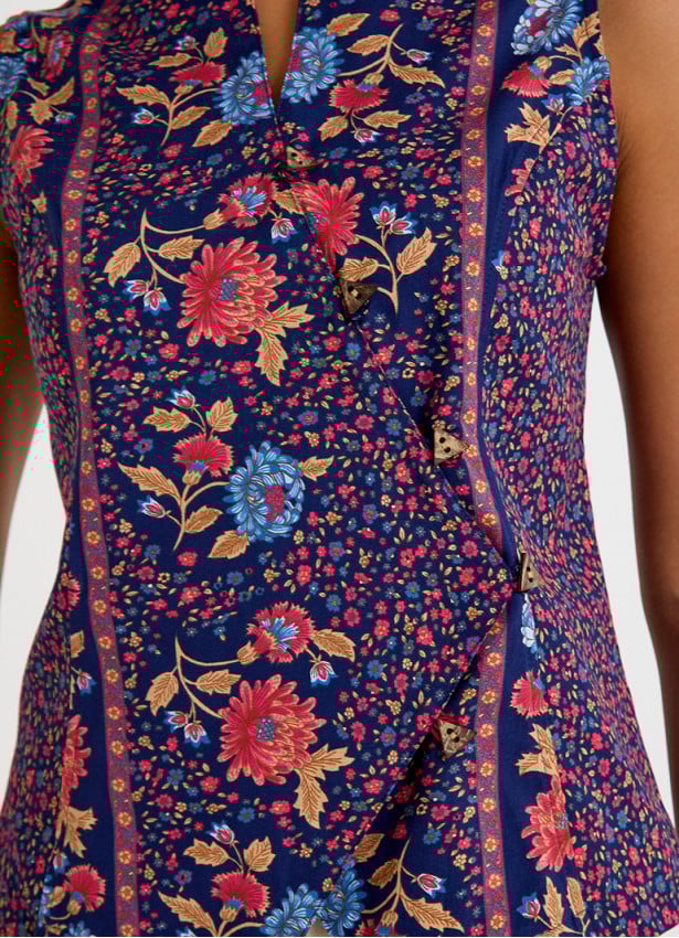V Neck Cross Button Pink Floral Blouse 4680