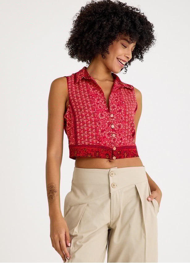 Shirt Collar Button Detailed Red Floral Blouse 4682