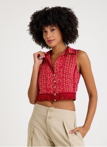 Shirt Collar Button Detailed Red Floral Blouse 4682