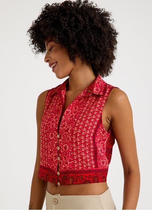 Shirt Collar Button Detailed Red Floral Blouse 4682