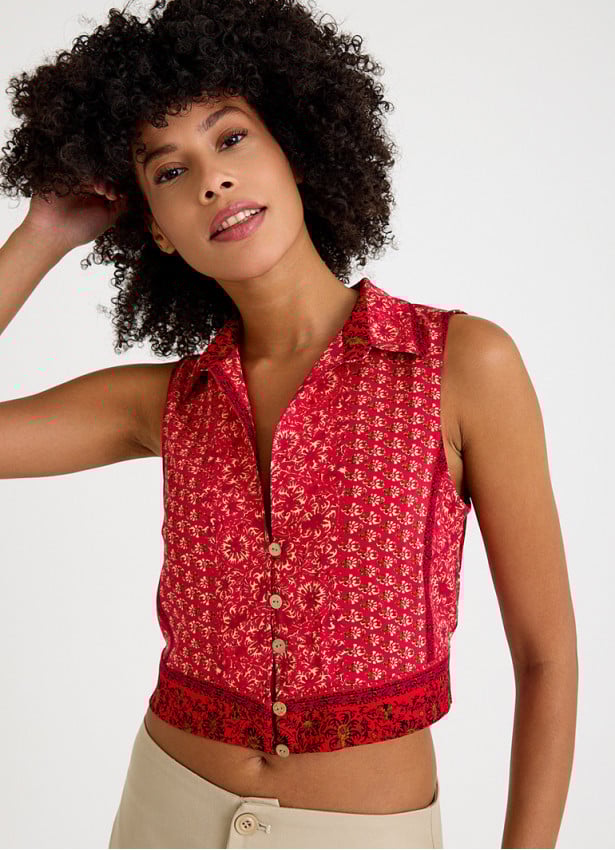 Shirt Collar Button Detailed Red Floral Blouse 4682