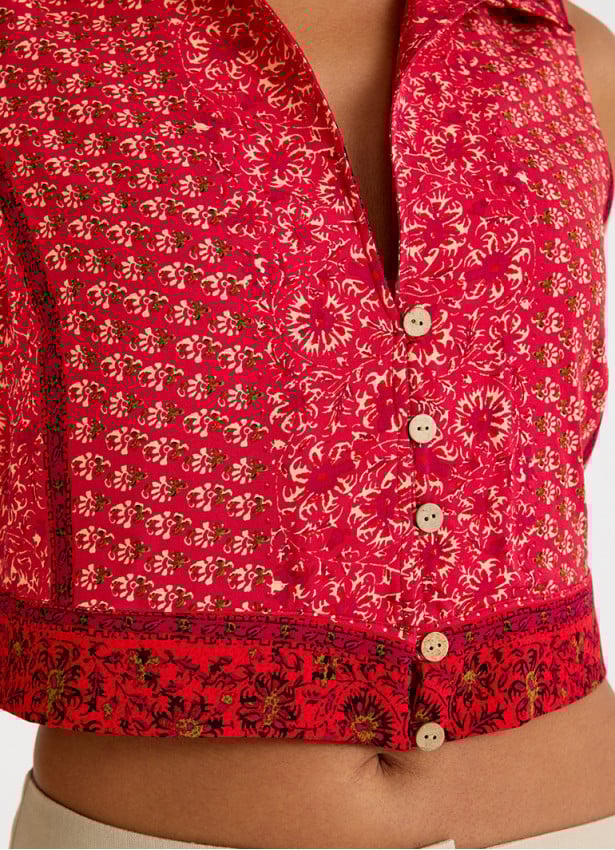 Shirt Collar Button Detailed Red Floral Blouse 4682