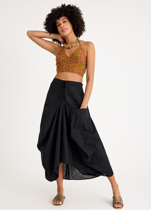 Black Asymmetrical Skirt with Pocket and Tie Waist 4684