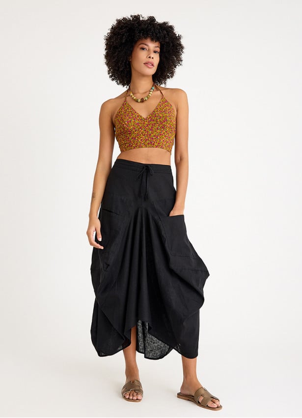 Black Asymmetrical Skirt with Pocket and Tie Waist 4684