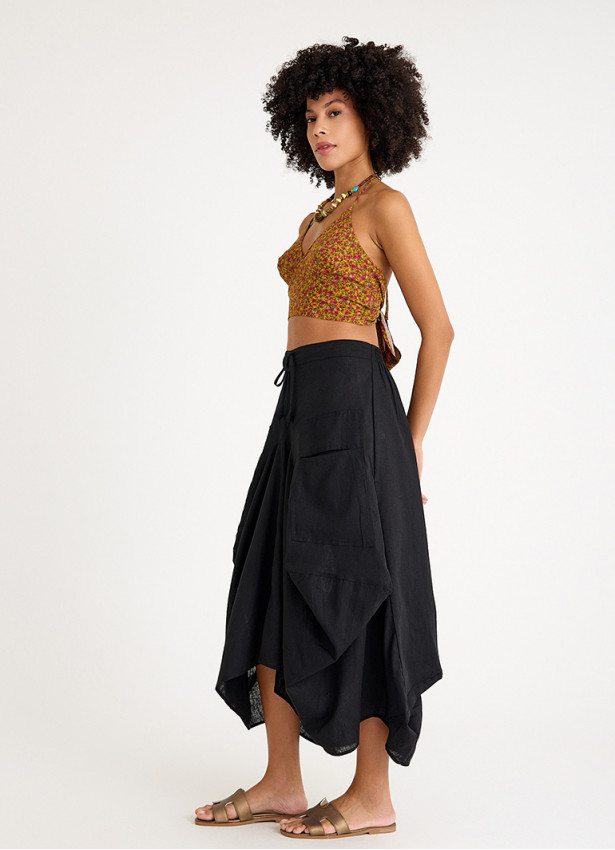Black Asymmetrical Skirt with Pocket and Tie Waist 4684