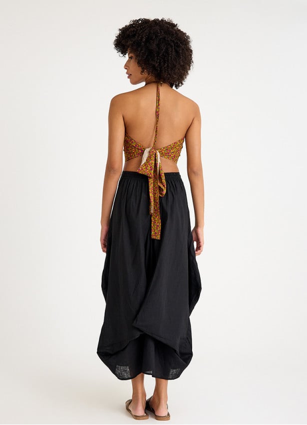 Black Asymmetrical Skirt with Pocket and Tie Waist 4684