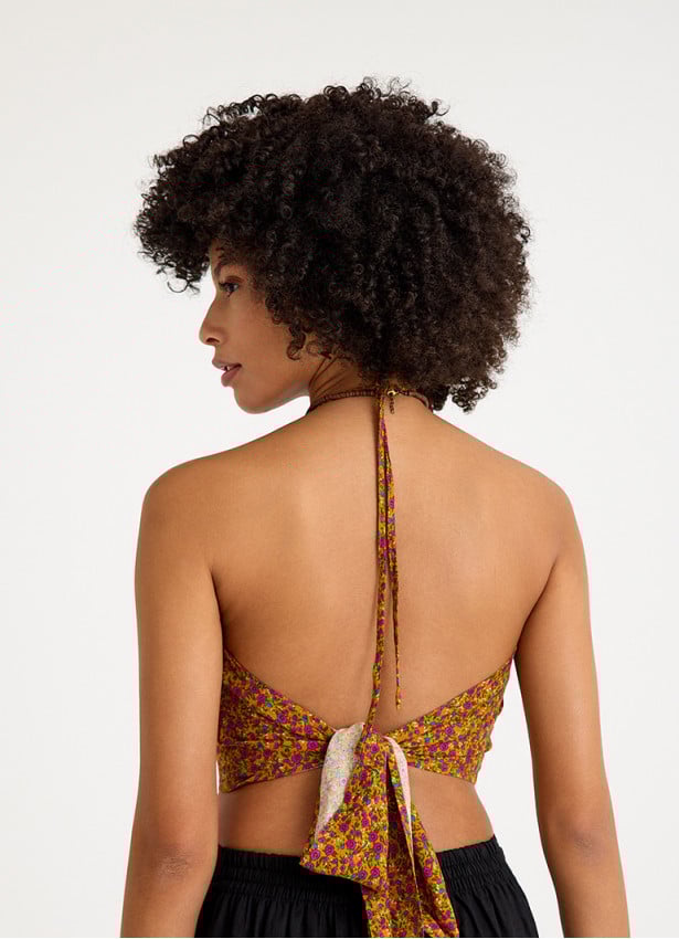 Halter Neck Backless Red Floral Blouse 4683