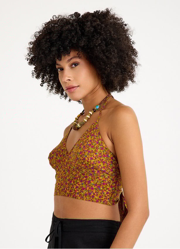 Halter Neck Backless Red Floral Blouse 4683
